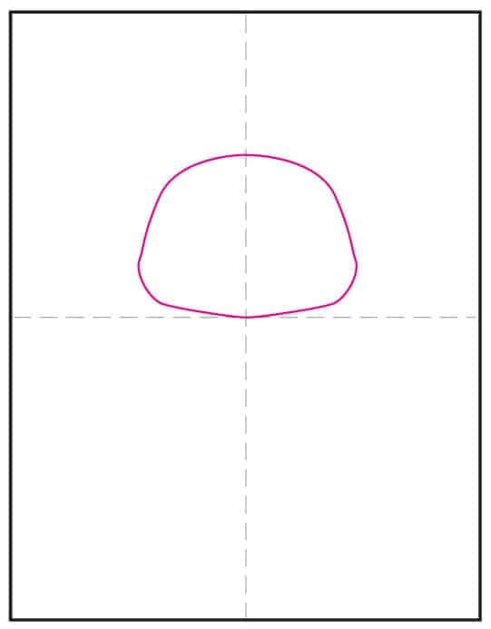 Step 1 of how to draw Grogu: draw the oval head shape as the base for the character.
