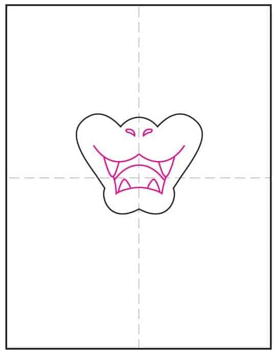 Step 2 of bowser drawing: add simple triangle teeth inside the mouth.