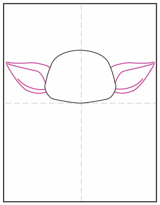 Step 2 of how to draw Grogu: add the wide ears on both sides of the head.