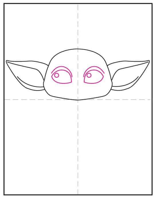 Step 3 of how to draw Grogu: draw big eyes with highlight circles for a cute look.