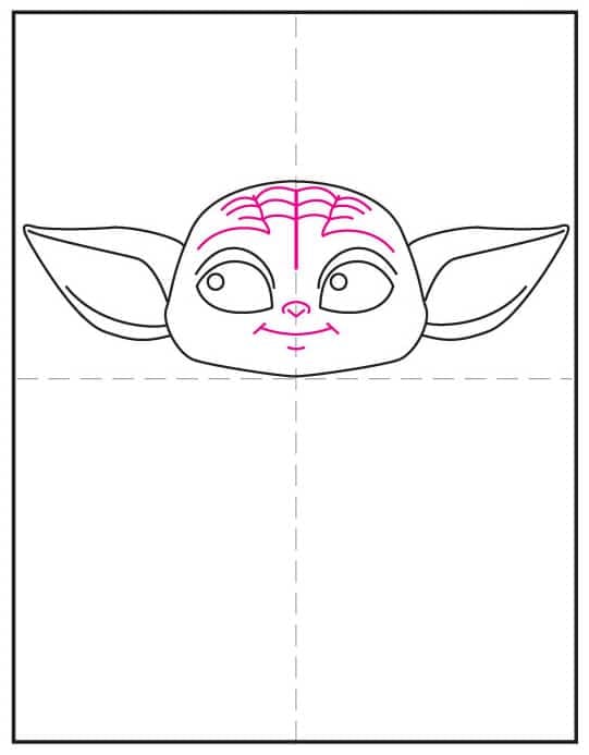 Step 4 of how to draw Grogu: finish the face with nose, smile, and simple expression lines.