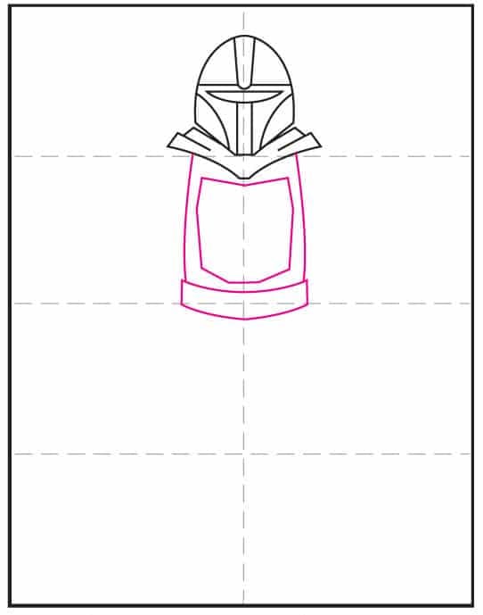 Step 4 how to draw the Mandalorian: draw the torso and chest armor shapes.