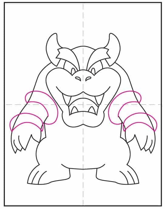 Step 6 of bowser drawing: add stud details to the arm rings.