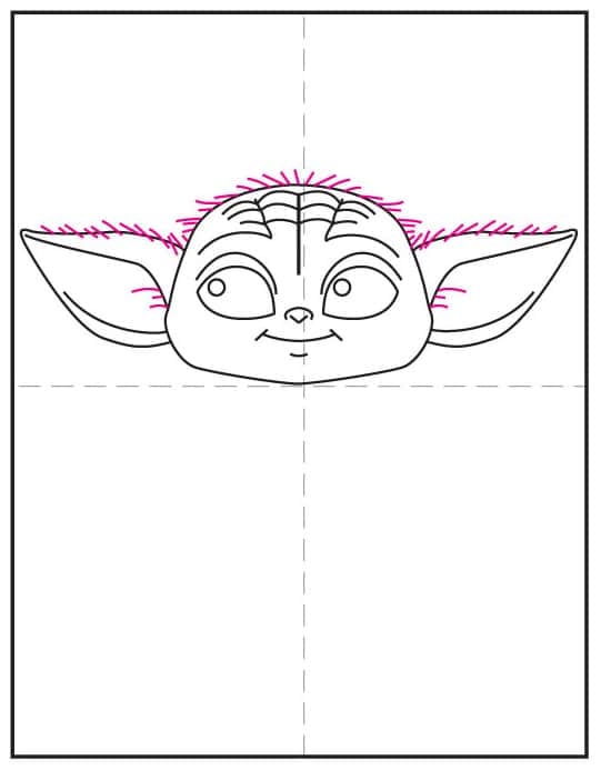 Step 5 of how to draw Grogu: add fuzzy hair and forehead wrinkle lines to match the character.