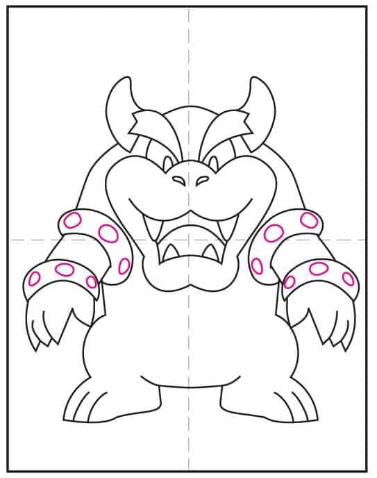 Step 7 of bowser drawing: add belly shapes and spikes on the shell.