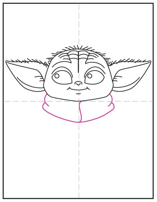 Step 6 of how to draw Grogu: draw the fluffy robe collar under the head.