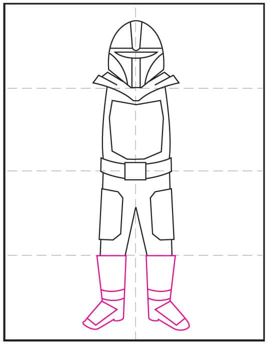 Step 6 how to draw the Mandalorian: draw the boots and lower leg shapes.