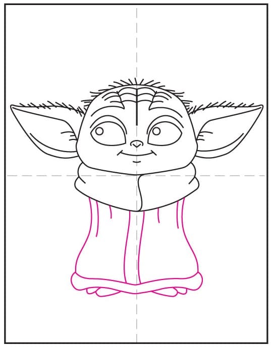 Step 7 of how to draw Grogu: draw the robe body and the center opening down the front.