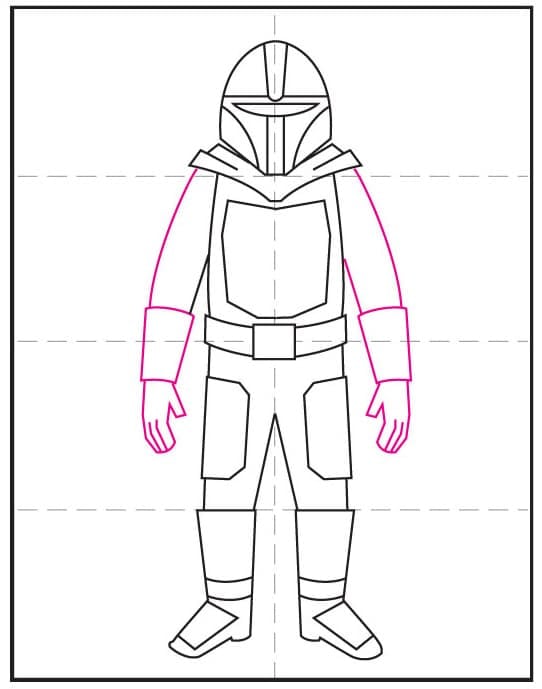 Step 7 how to draw the Mandalorian: draw the arms, gloves, and arm armor.