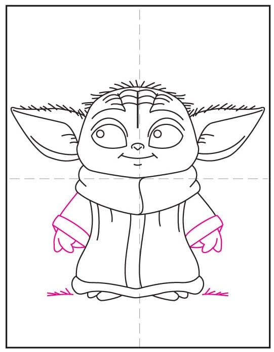 Step 8 of how to draw Grogu: add sleeves and small hands peeking out of the robe.