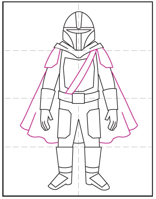 Step 8 how to draw the Mandalorian: add the cape and simple fabric folds.