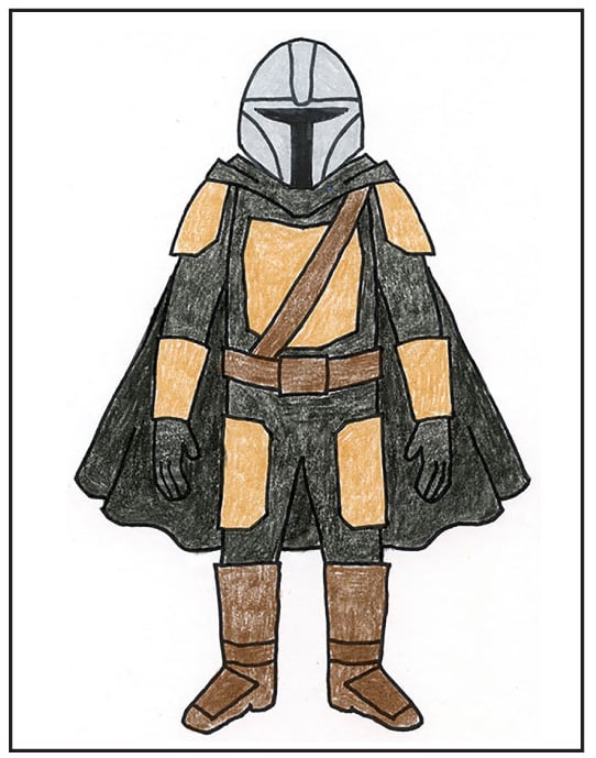Final step how to draw the Mandalorian: trace with marker, then color with crayons.