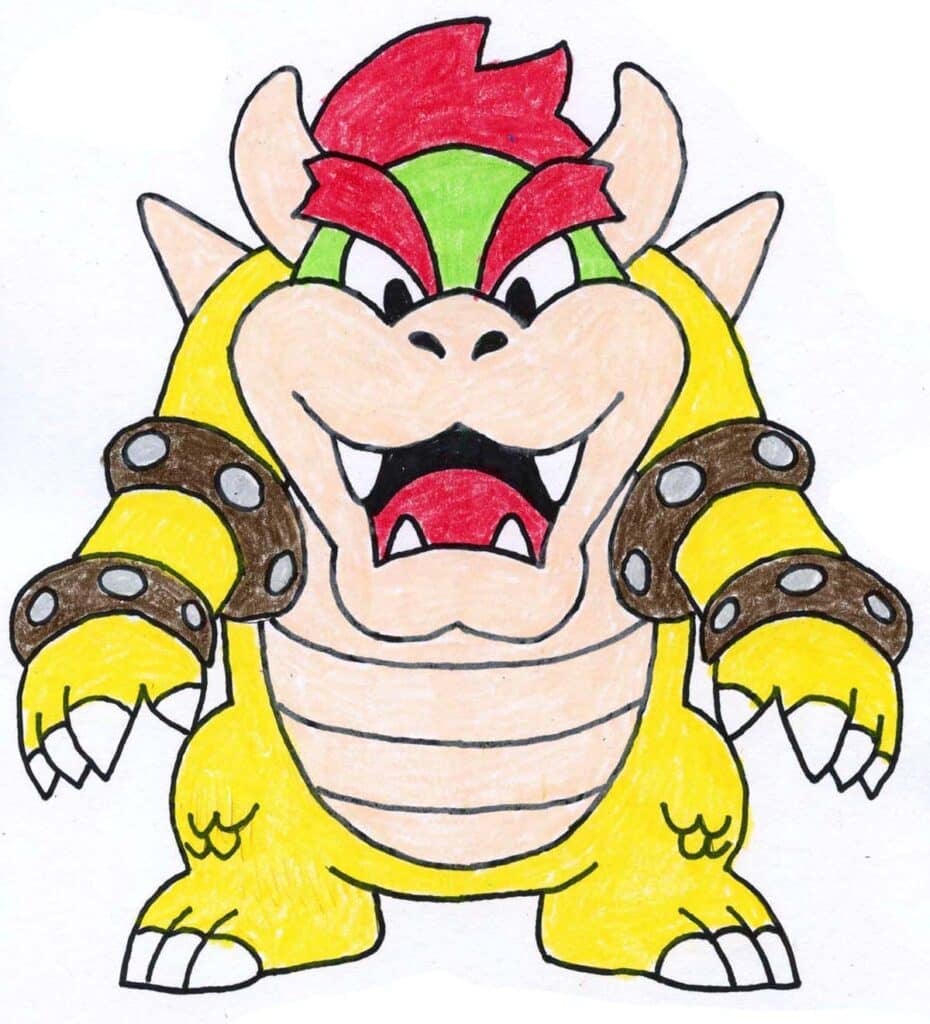 Finished bowser drawing example for kids using simple cartoon shapes.