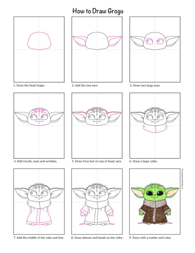 How to draw Grogu step-by-step tutorial preview showing the drawing process for grades 3–5.