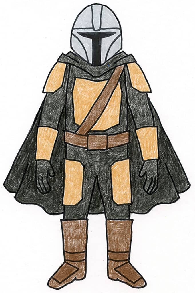 Finished how to draw the Mandalorian artwork example, colored with crayons