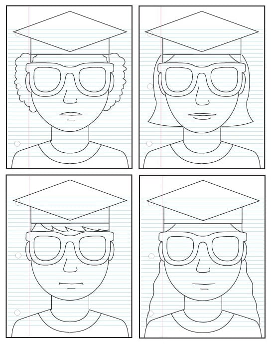 Hair ideas for a kindergarten graduation project self-portrait (curly, straight, braids, buns).