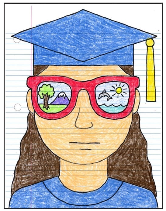Kindergarten graduation project step 9: trace with marker, then color the cap and gown portrait.