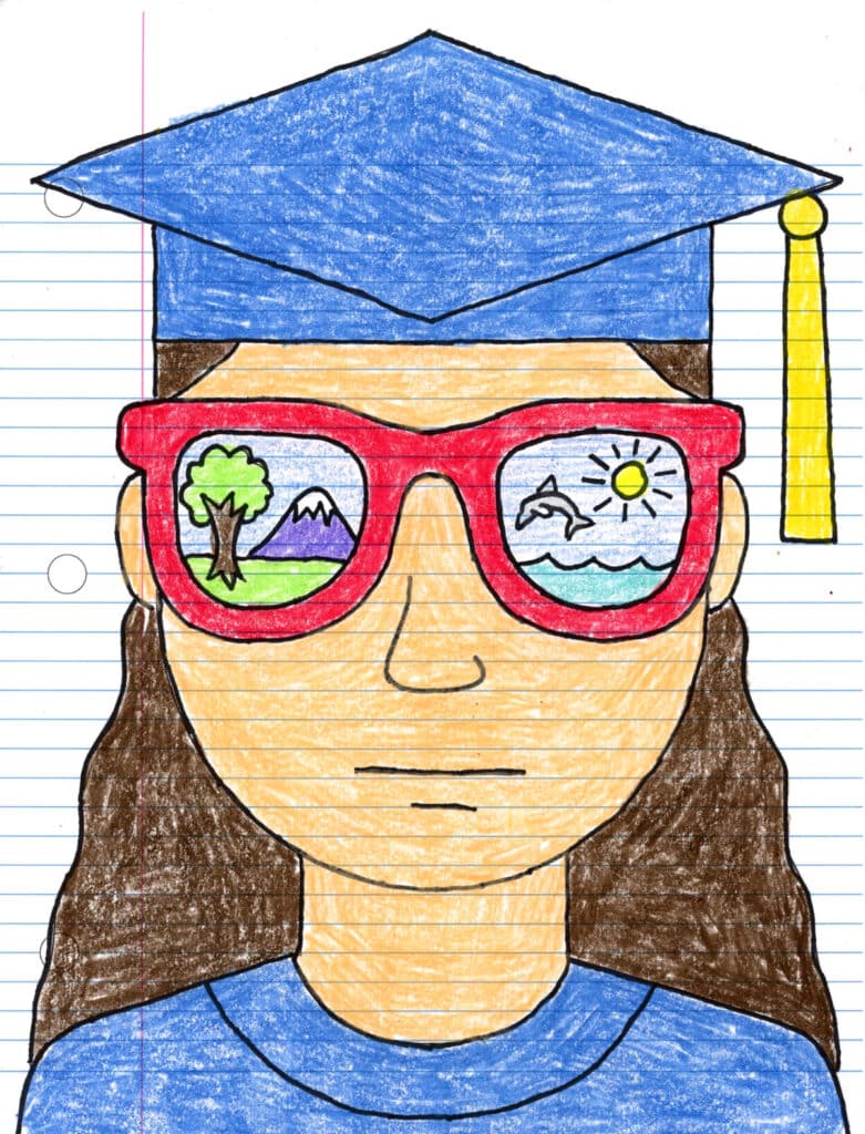 Finished kindergarten graduation project sample: self-portrait in cap, gown, and sunglasses.