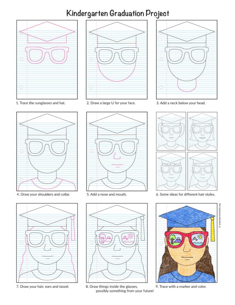 Step-by-step kindergarten graduation project tutorial preview for a cap and gown self-portrait.
