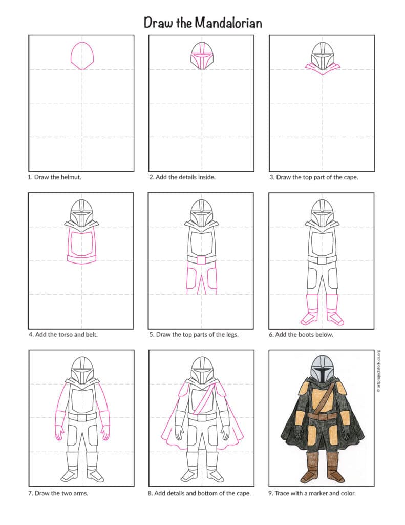 Preview of the how to draw the Mandalorian step-by-step tutorial for kids.