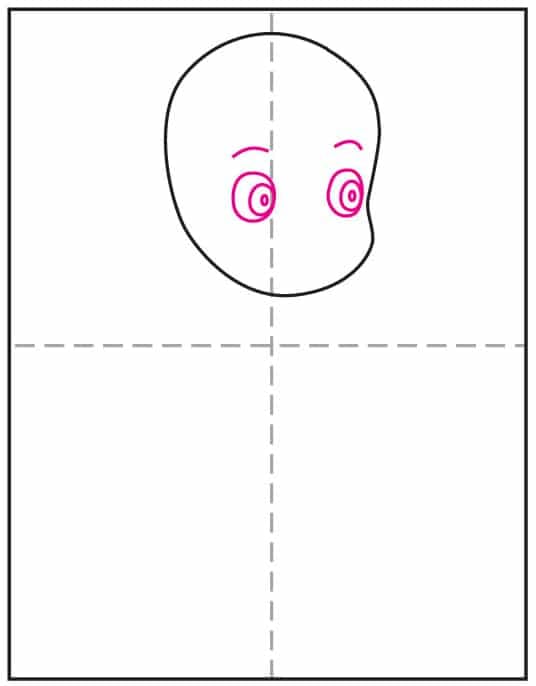 Step 2 of a ponyo drawing tutorial showing how to add the eyes