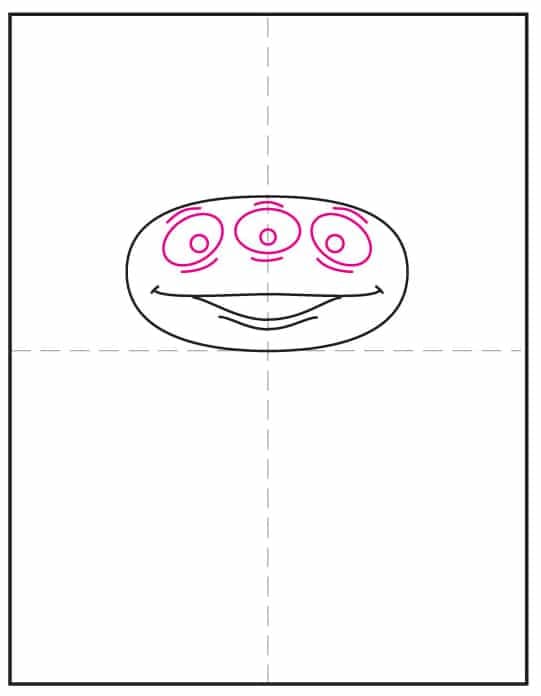 Toy Story alien drawing step showing how to draw three round eyes