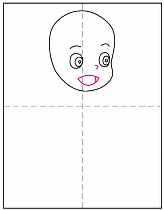 Step 3 of a studio ghibli ponyo drawing lesson showing the nose and mouth