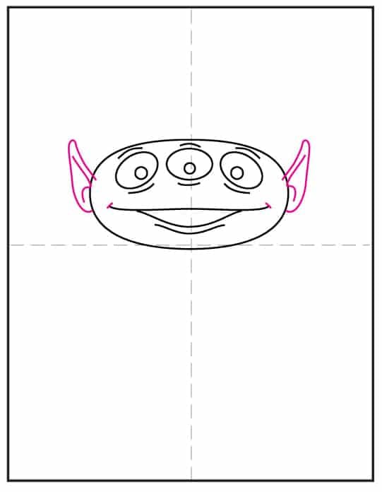 Toy Story alien drawing step showing two pointy ears on each side of the head