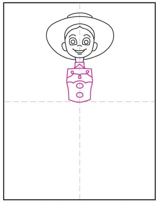 Add Jessie’s western shirt details for a Toy Story character drawing.