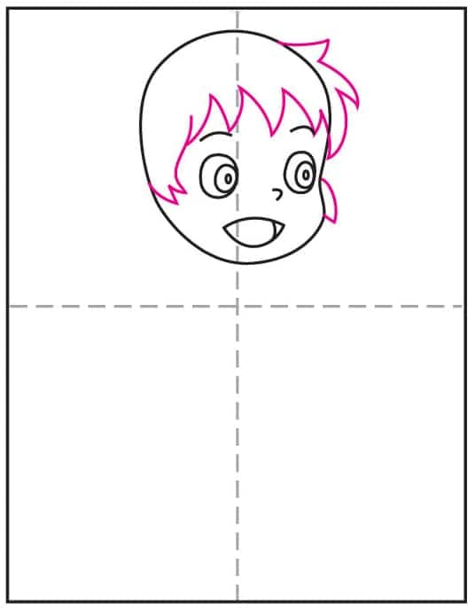 Step 4 of a ponyo drawing lesson showing how to draw the hair on the right side