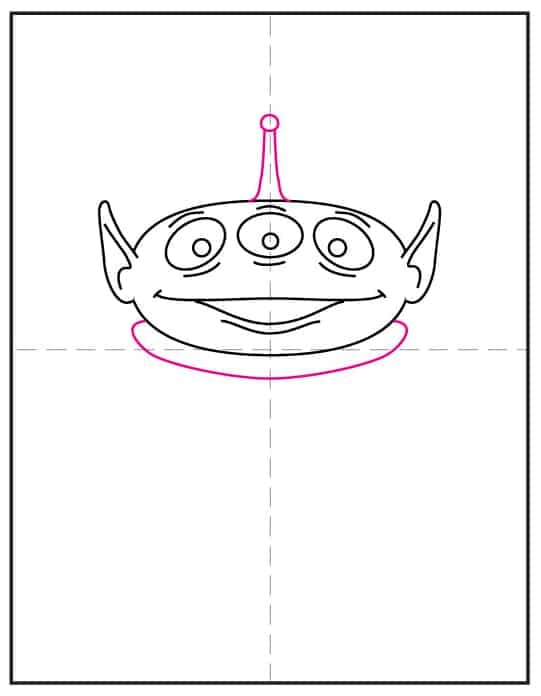 Toy Story alien drawing step showing how to add one antenna on top of the head