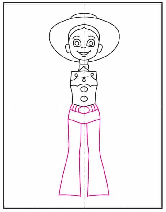 Draw Jessie’s pants and cow-print chaps in this Toy Story drawing step.