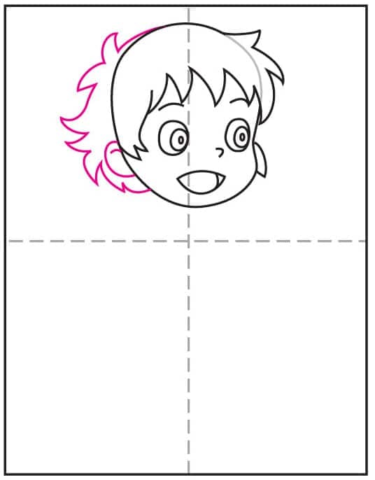 Step 5 of a studio ghibli ponyo drawing tutorial showing the ear and left hair