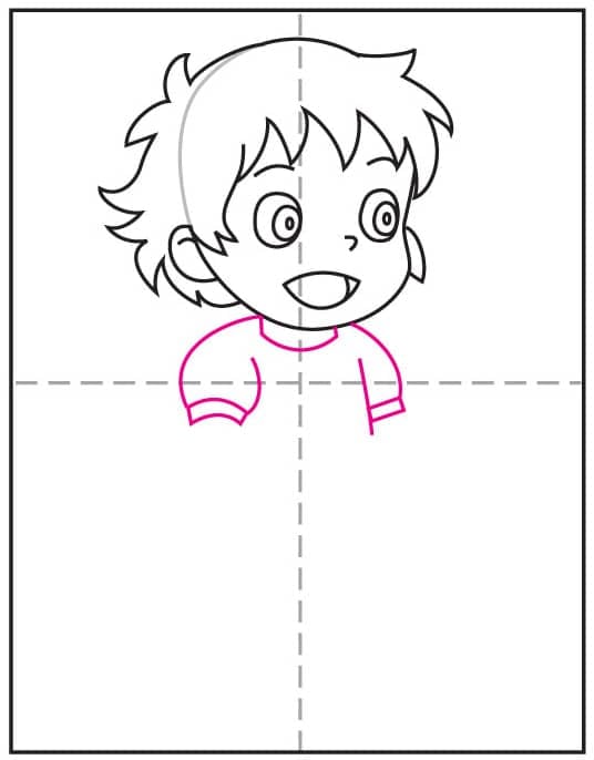 Step 6 of a ponyo drawing lesson showing how to draw the top of the dress