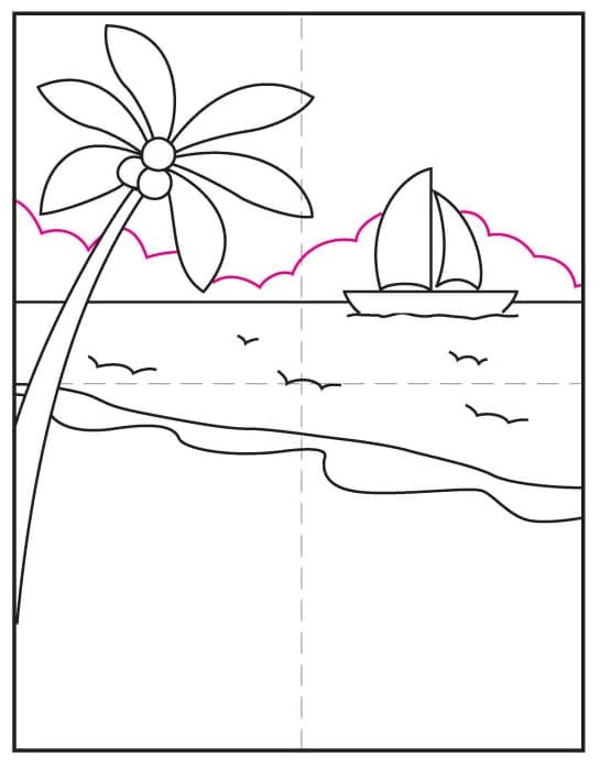 Draw clouds in the background of a summer drawing beach scene.