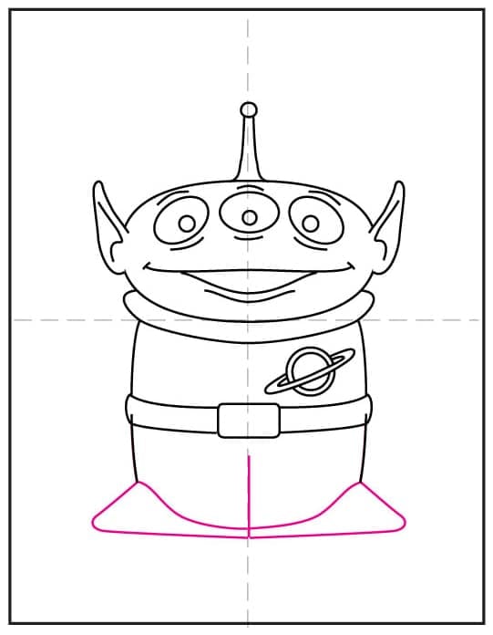 Toy Story alien drawing step showing how to add the space suit pants