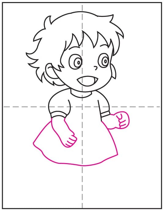 Step 7 of a studio ghibli ponyo drawing lesson showing the arms and dress bottom