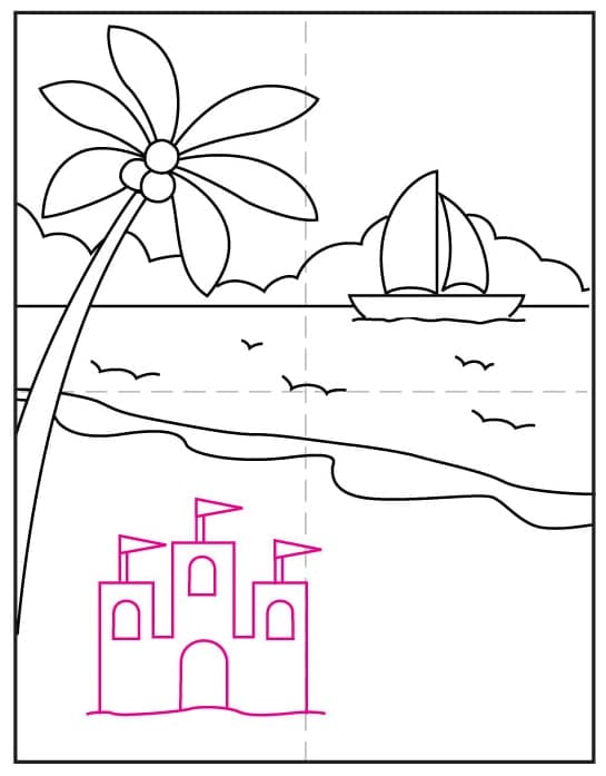 Add a sandcastle to the summer drawing beach scene.
