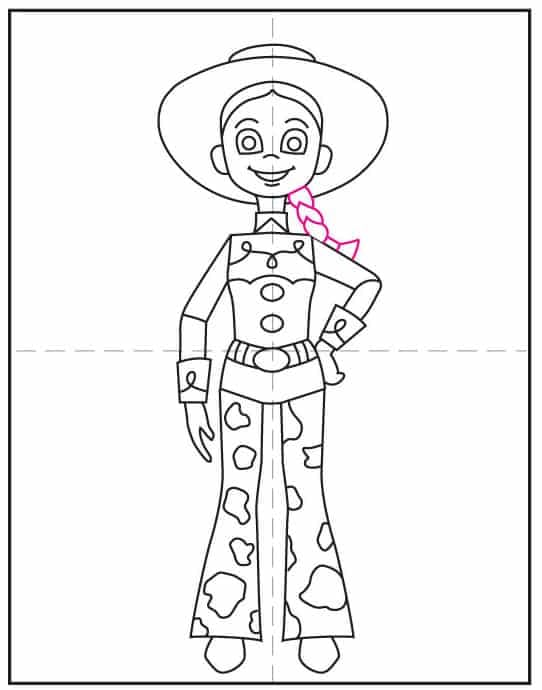 Add Jessie’s red hair braid to this easy Toy Story drawing for kids.