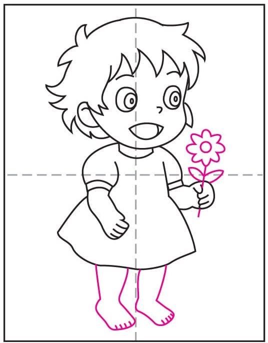 Step 8 of a ponyo drawing tutorial showing how to draw the legs and flower