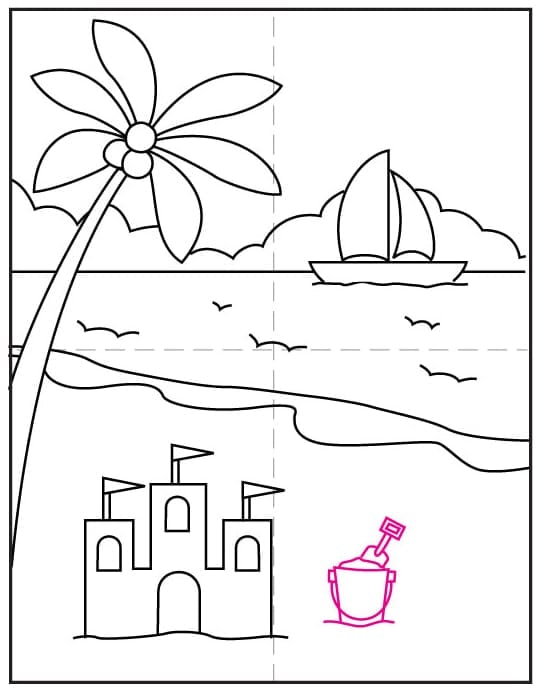 Add a bucket of sand to the summer drawing beach scene.
