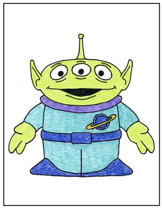 Toy Story alien drawing traced in black marker and colored green, blue, and purple