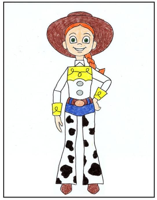 Trace and color Jessie with crayons to finish this Toy Story drawing lesson.