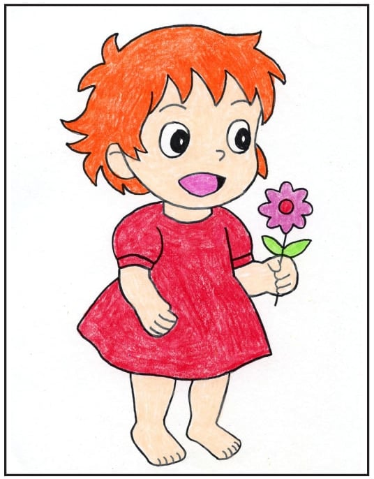 Step 9 of a studio ghibli ponyo drawing lesson showing how to trace and color