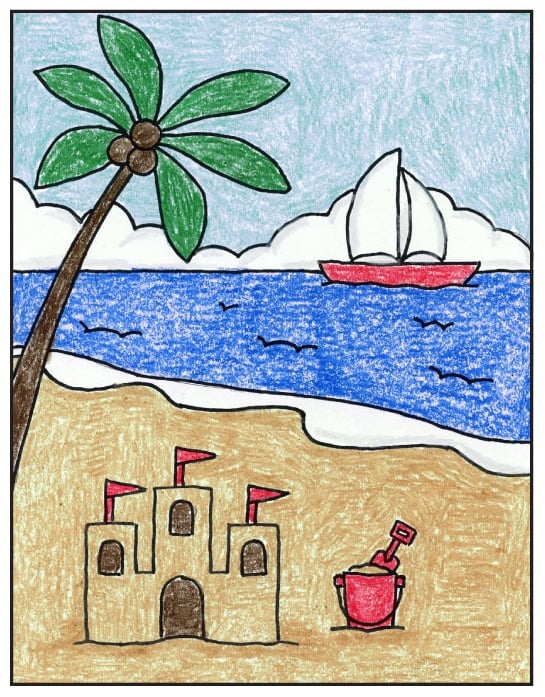 Trace and color the finished summer drawing with bright beach colors.