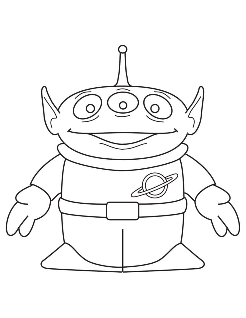 Toy Story alien coloring page preview with simple cartoon outline