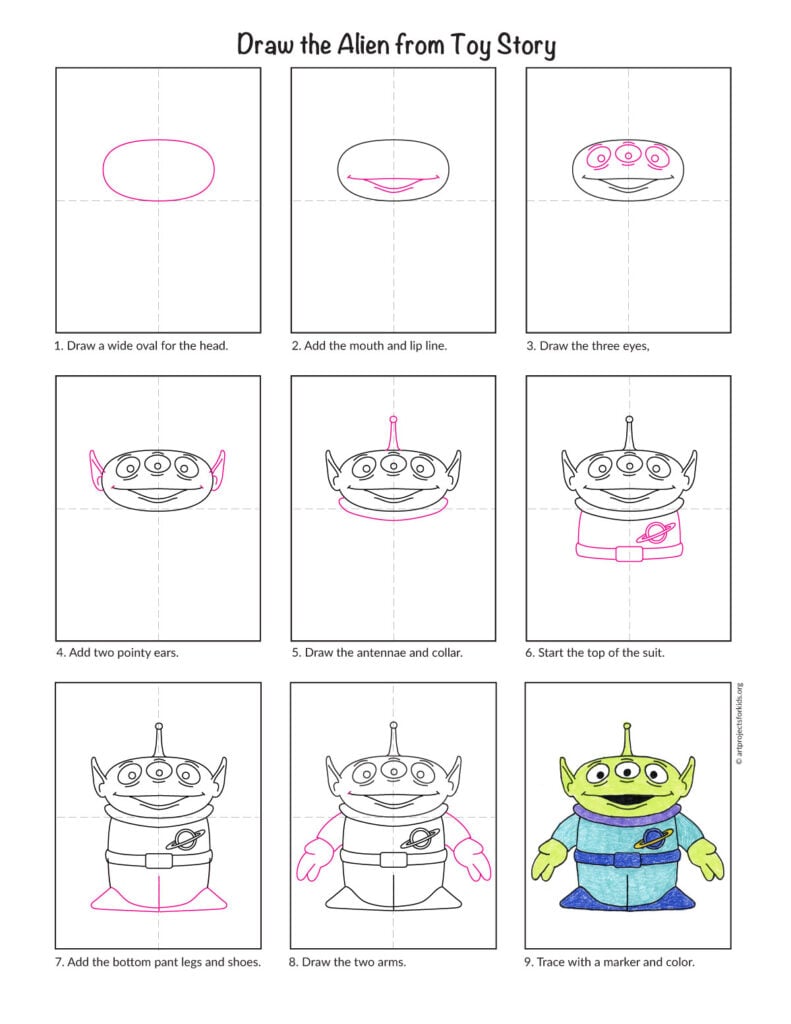 Preview of a step-by-step Toy Story alien drawing tutorial for kids