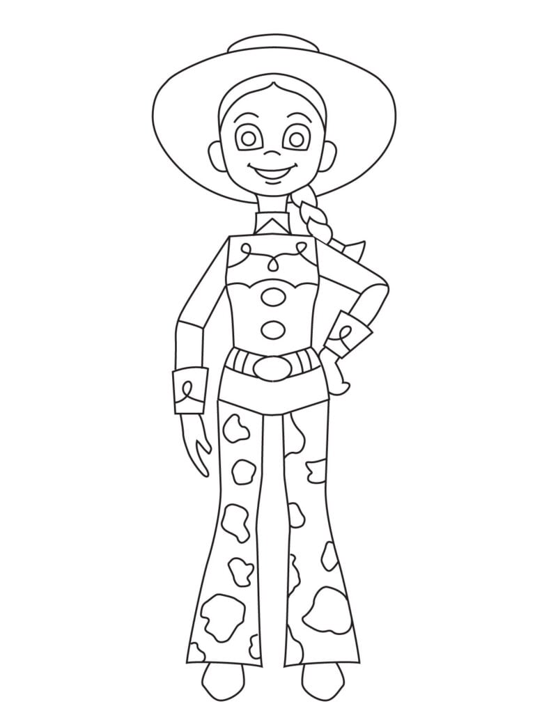 Jessie coloring page for a Toy Story drawing lesson and crayon art project.