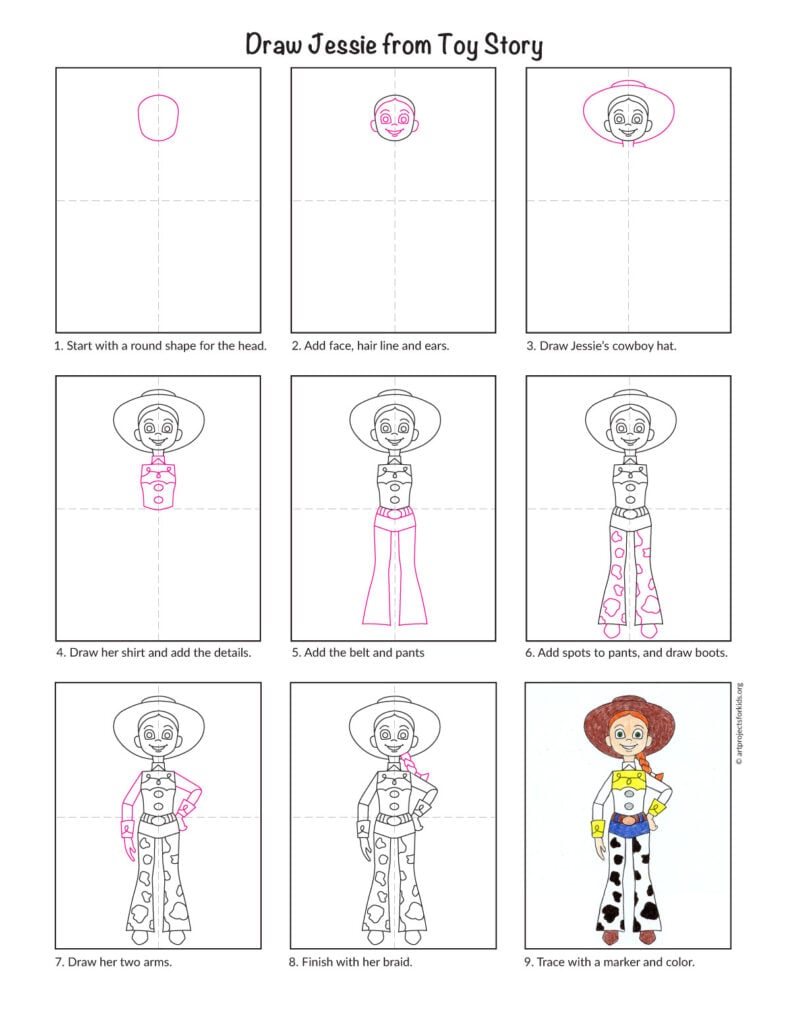 Preview of a step-by-step Jessie Toy Story drawing tutorial for kids.