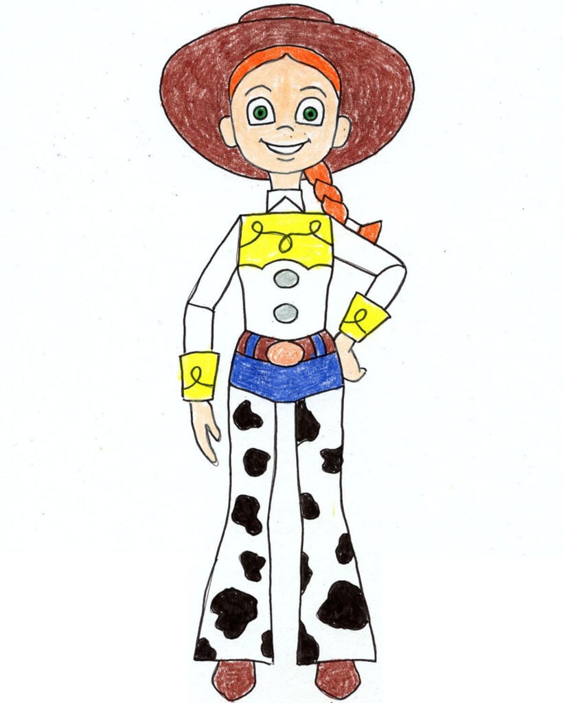 Finished Jessie Toy Story drawing colored with crayons for an elementary art lesson.